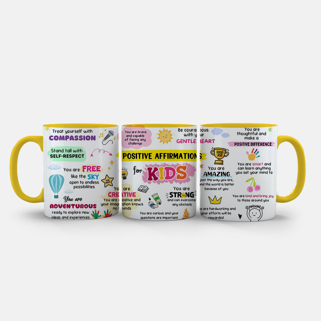 11oz Mug Colours - Motivational kids mug featuring stars, hearts and empowering affirmation text