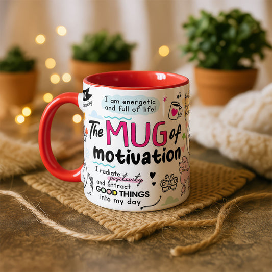 11oz Ceramic Mug White - Motivational artwork with colourful quotes and hand-drawn doodles including sun and coffee cup