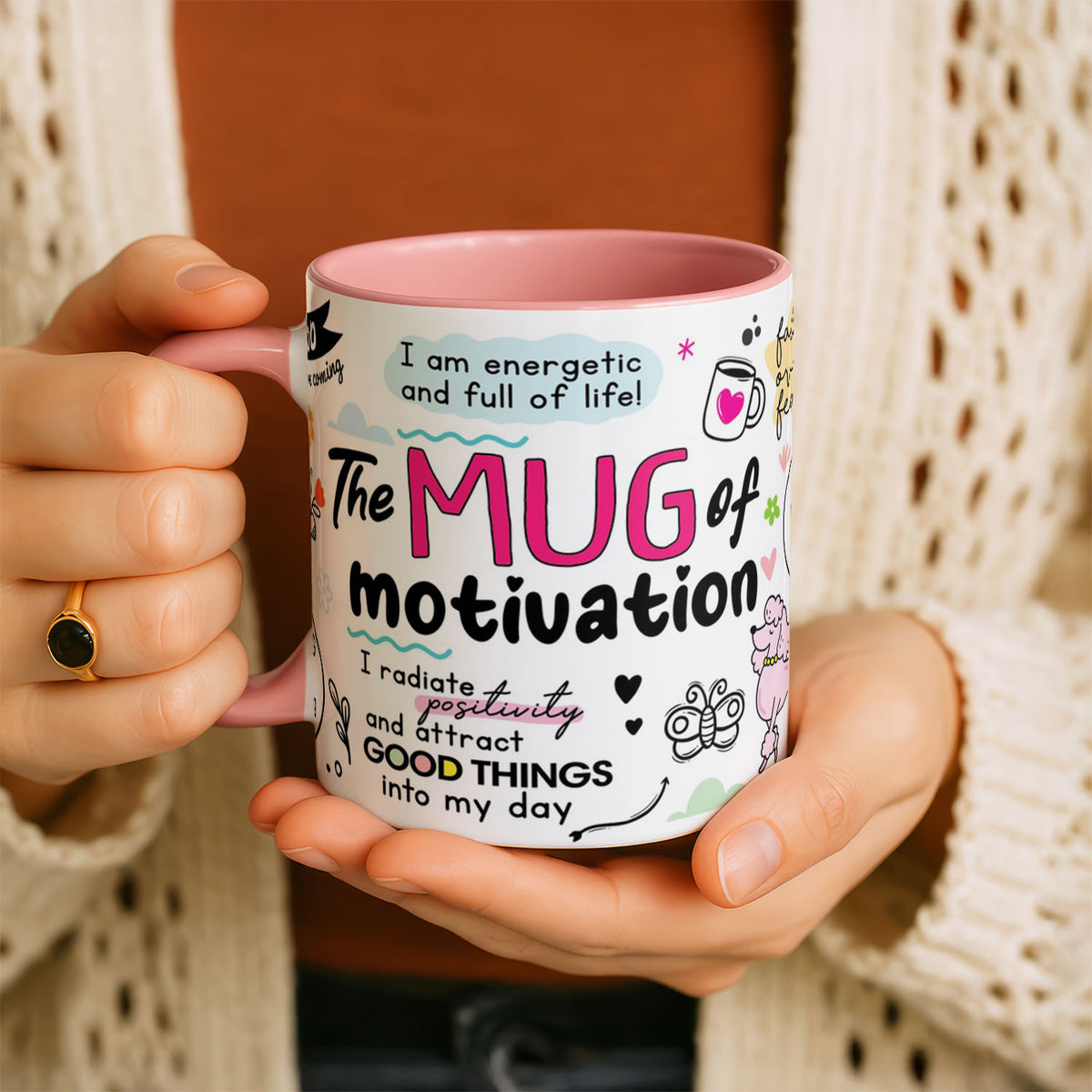 11oz Ceramic Mug Black - Inspirational affirmations design with rainbow text and playful illustrations throughout