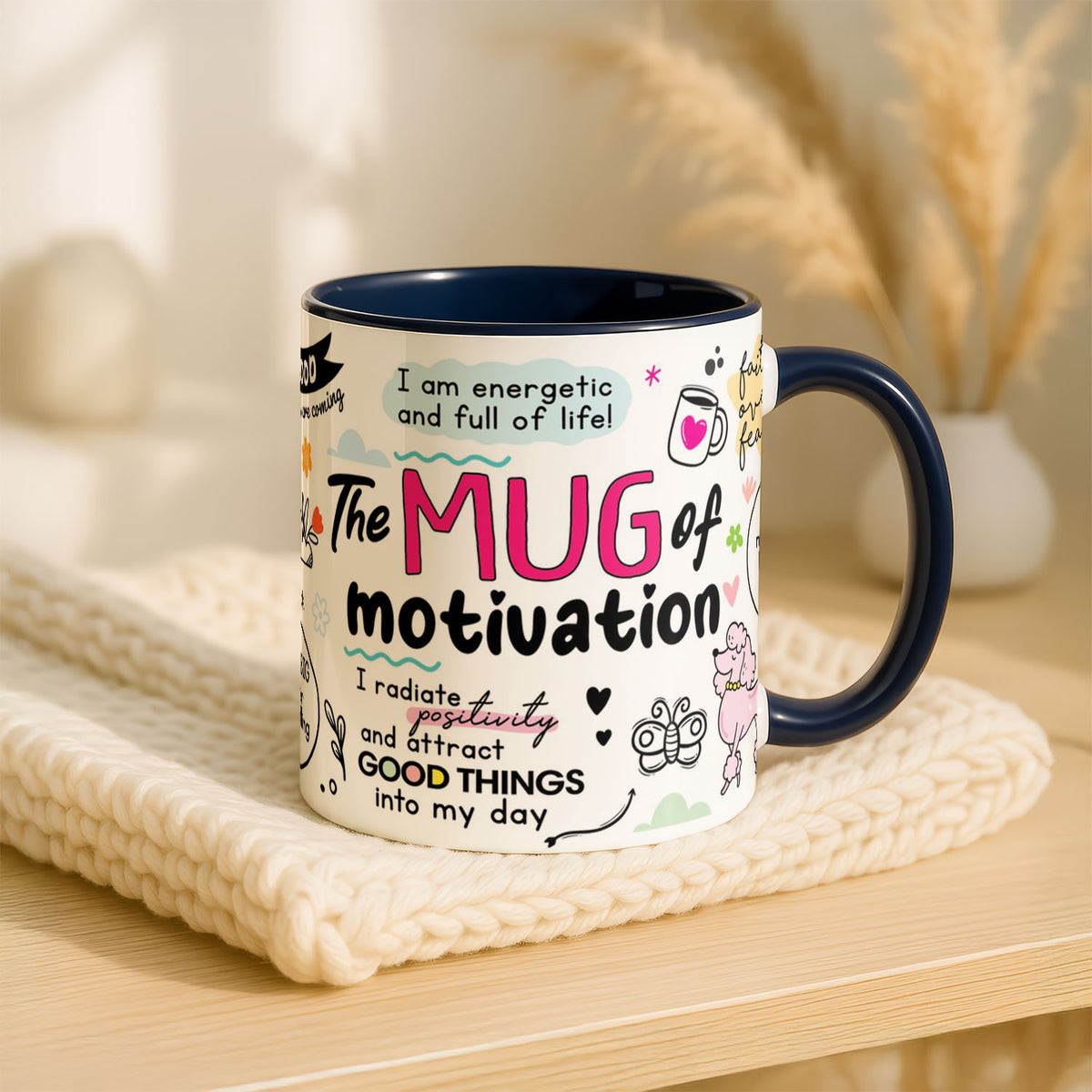 11oz Ceramic Mug Blue - The Mug of Motivation featuring positive messages and cheerful vintage-style doodles