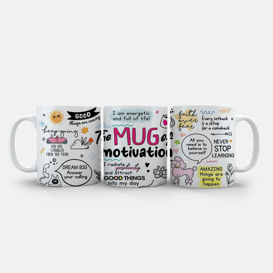 11oz Ceramic Mug Orange - Encouraging quotes mug with hand-drawn sun, flowers and motivational text design