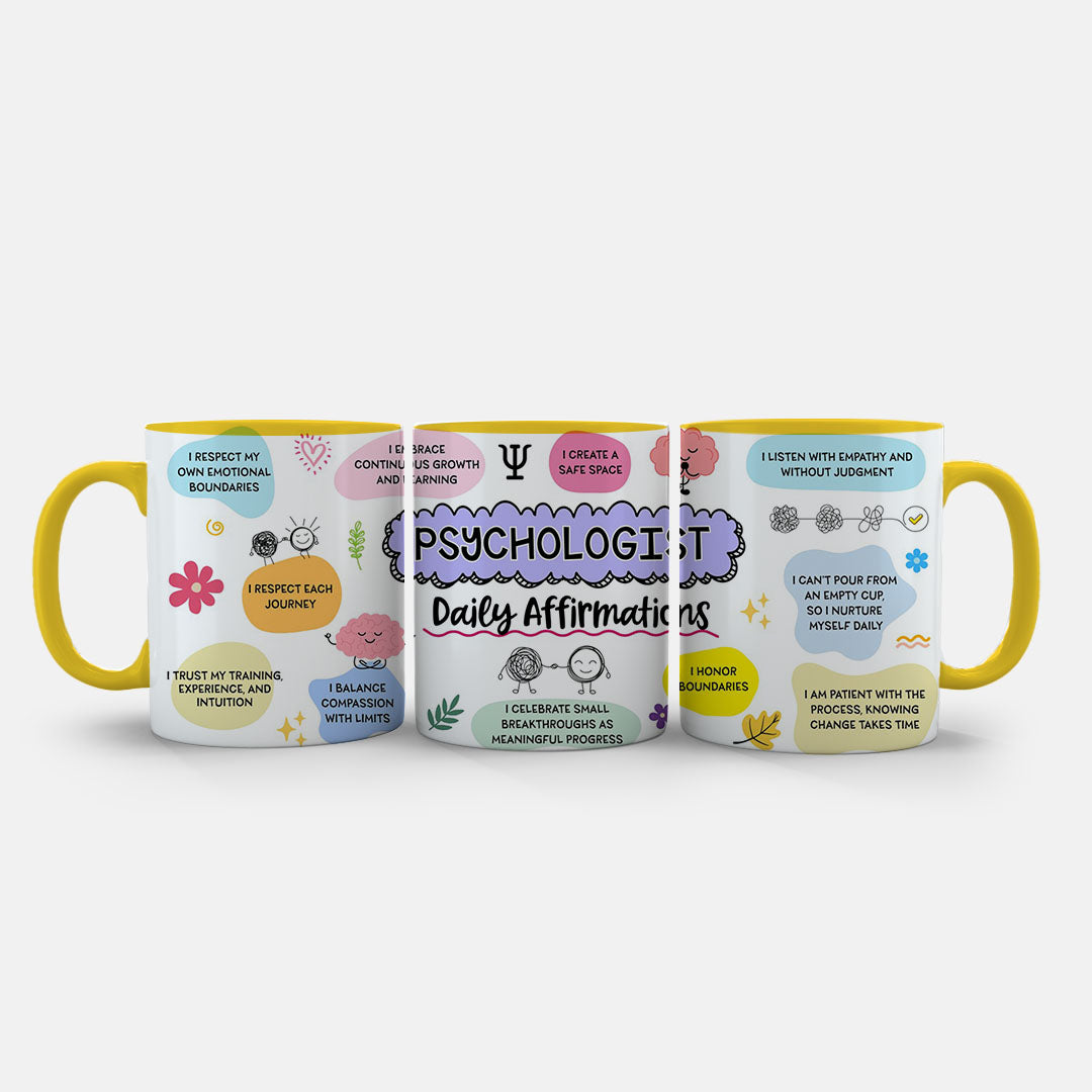 11oz Mug Colours - Yellow and green affirmation bubbles with self-care themed illustrations