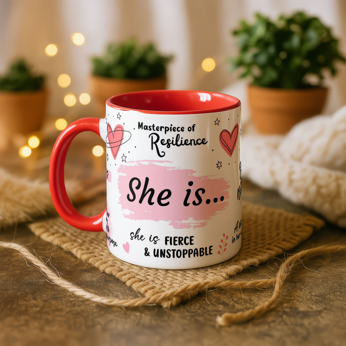 11oz Ceramic Mug White - Empowering affirmation design with coral hearts and pink watercolour background