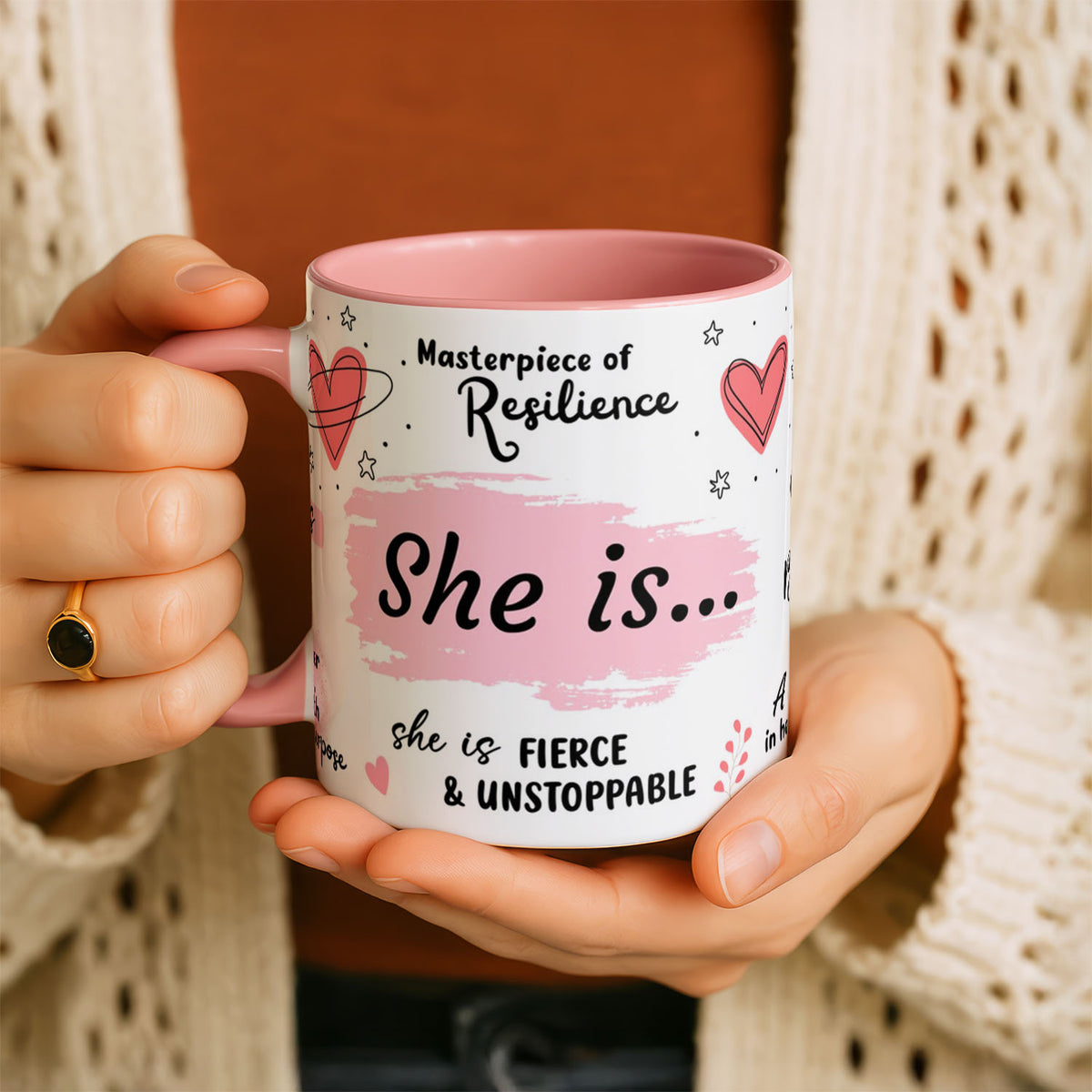 11oz Ceramic Mug White - Hand-lettered 'She is' text with supportive words and star details