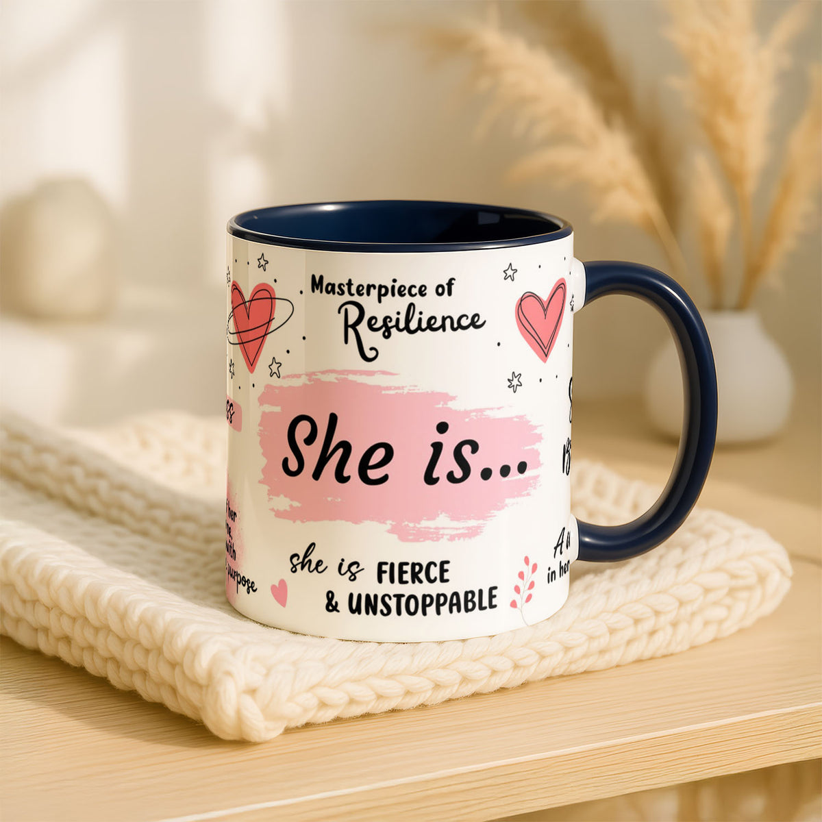 11oz Ceramic Mug White - Close-up of 'Fearless & Free' text with floral line artwork
