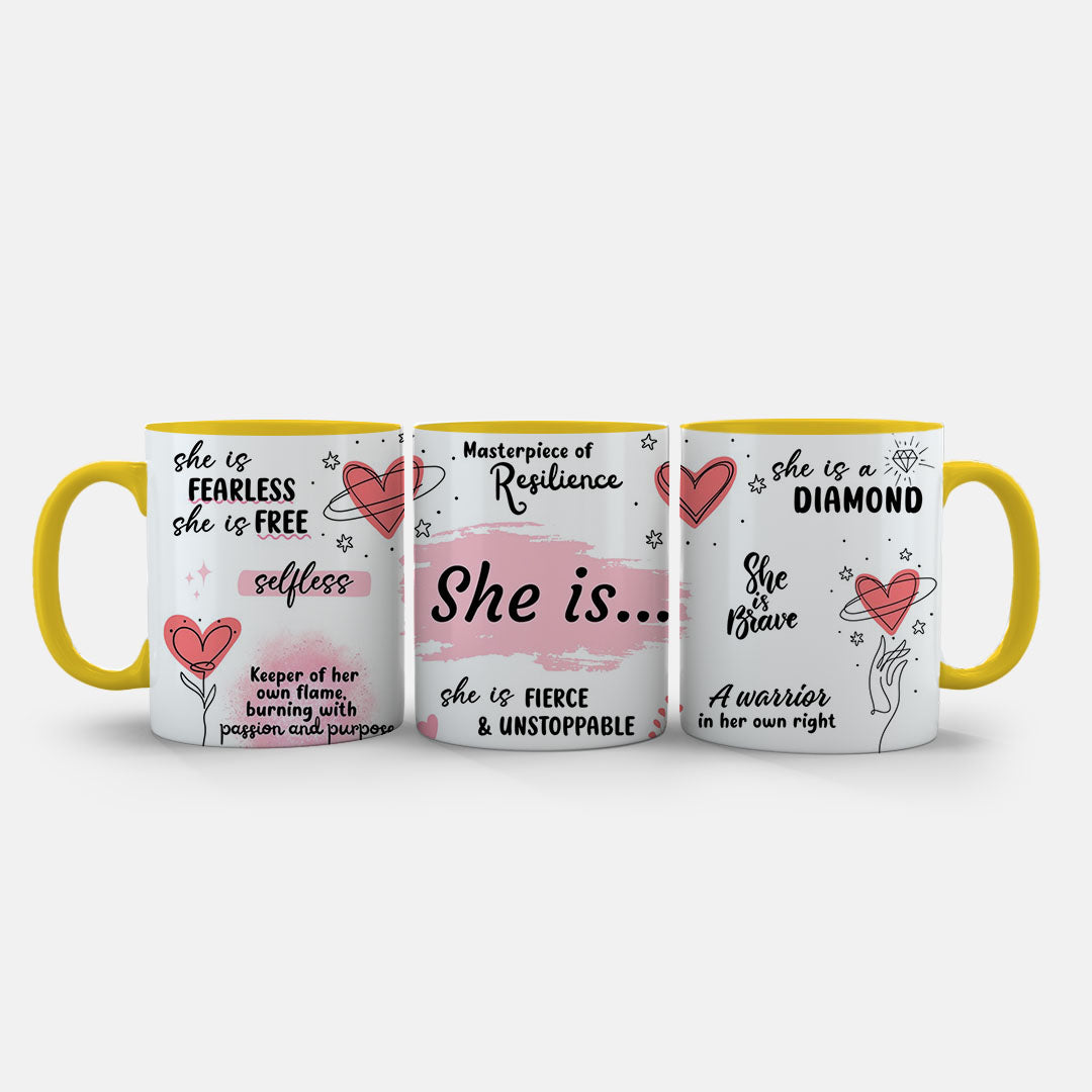 11oz Ceramic Mug White - Diamond and resilience themed motivational artwork in coral tones