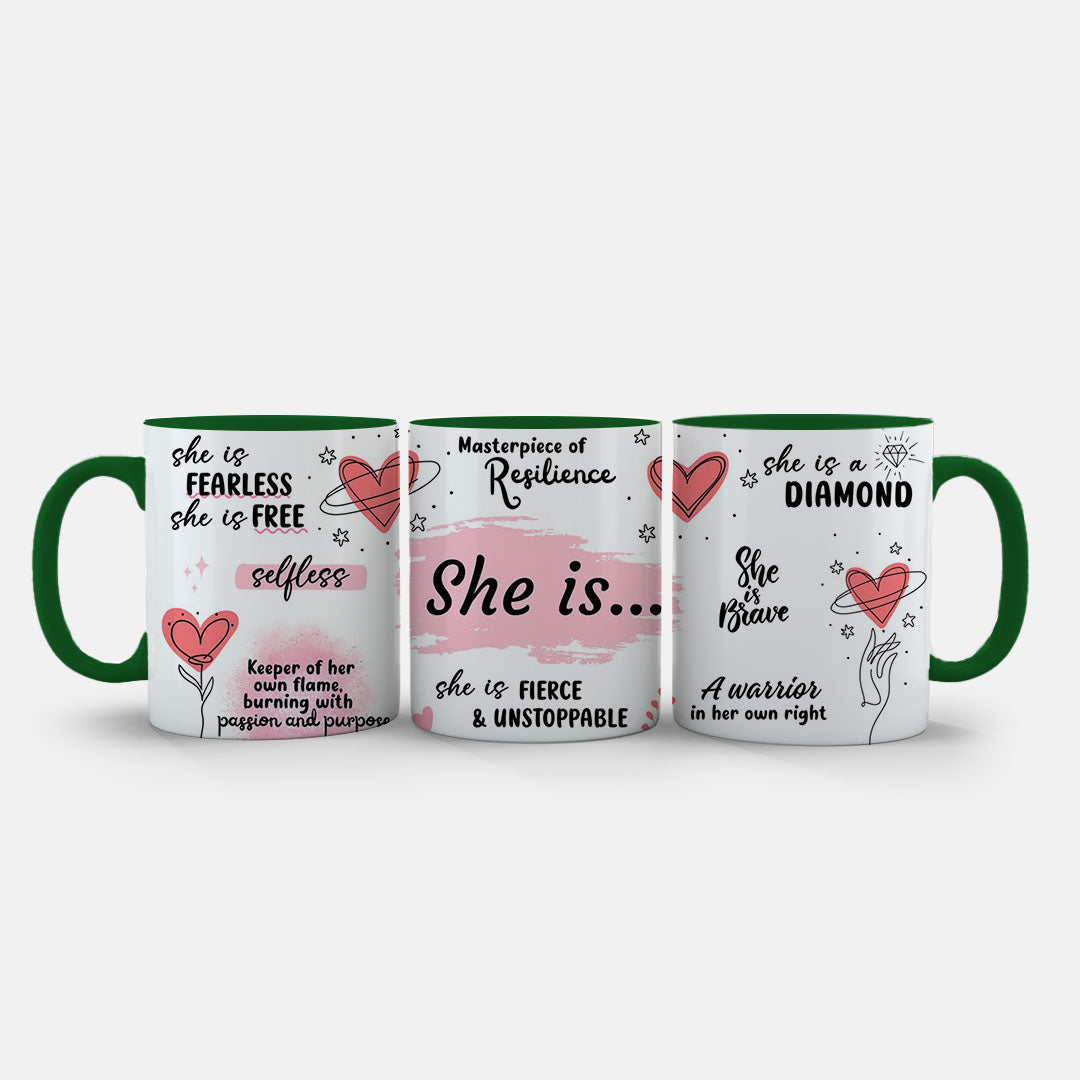 11oz Ceramic Mug White - 'Warrior in her own right' text with hand-drawn botanical elements