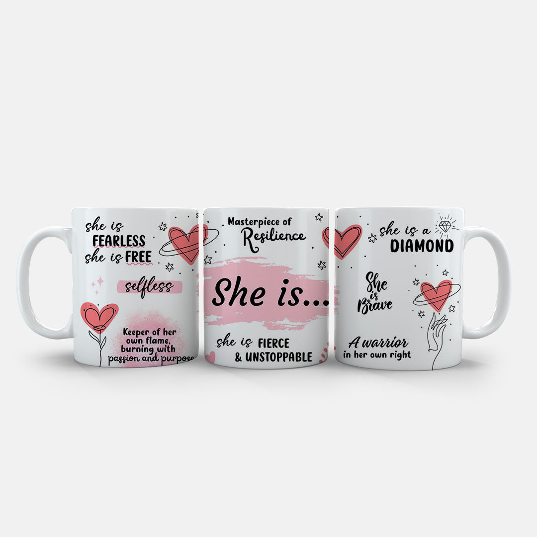 11oz Ceramic Mug White - Uplifting women's art print on ceramic mug in pink and coral