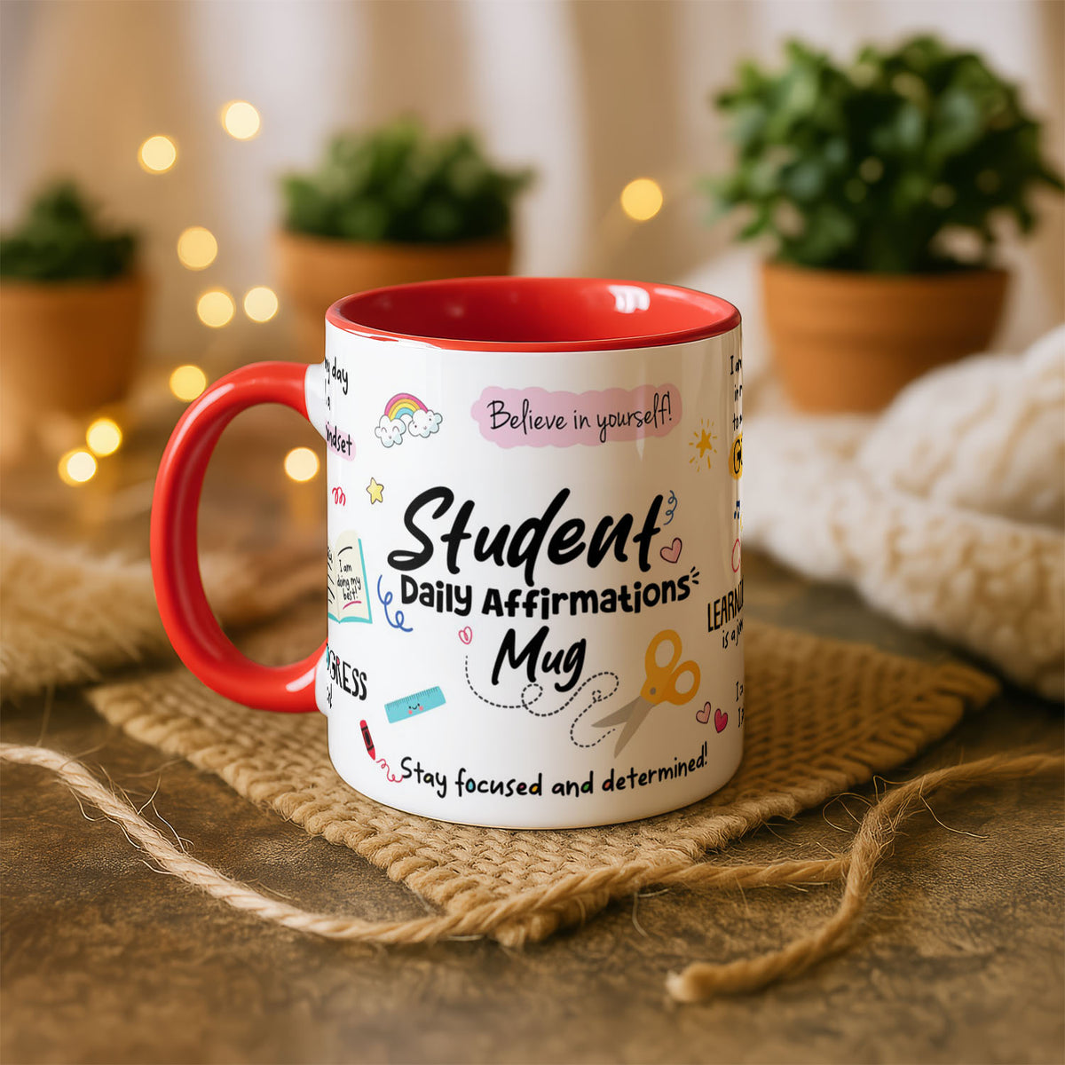11oz Ceramic Mug White - colourful student affirmations design with motivational quotes and educational doodles