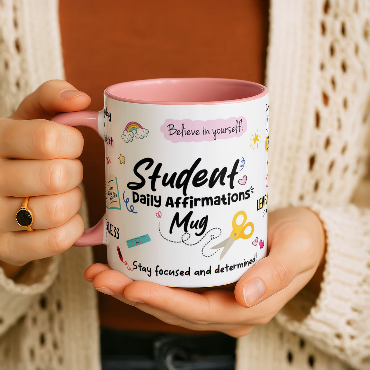 11oz Ceramic Mug Black - cheerful affirmations artwork with rainbow, stars and study-themed icons