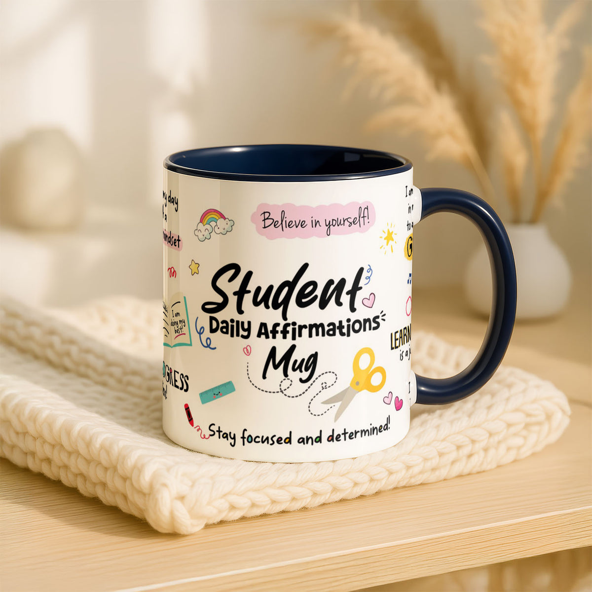 11oz Ceramic Mug Blue - positive mindset messages in pink and black with pencils and notebooks