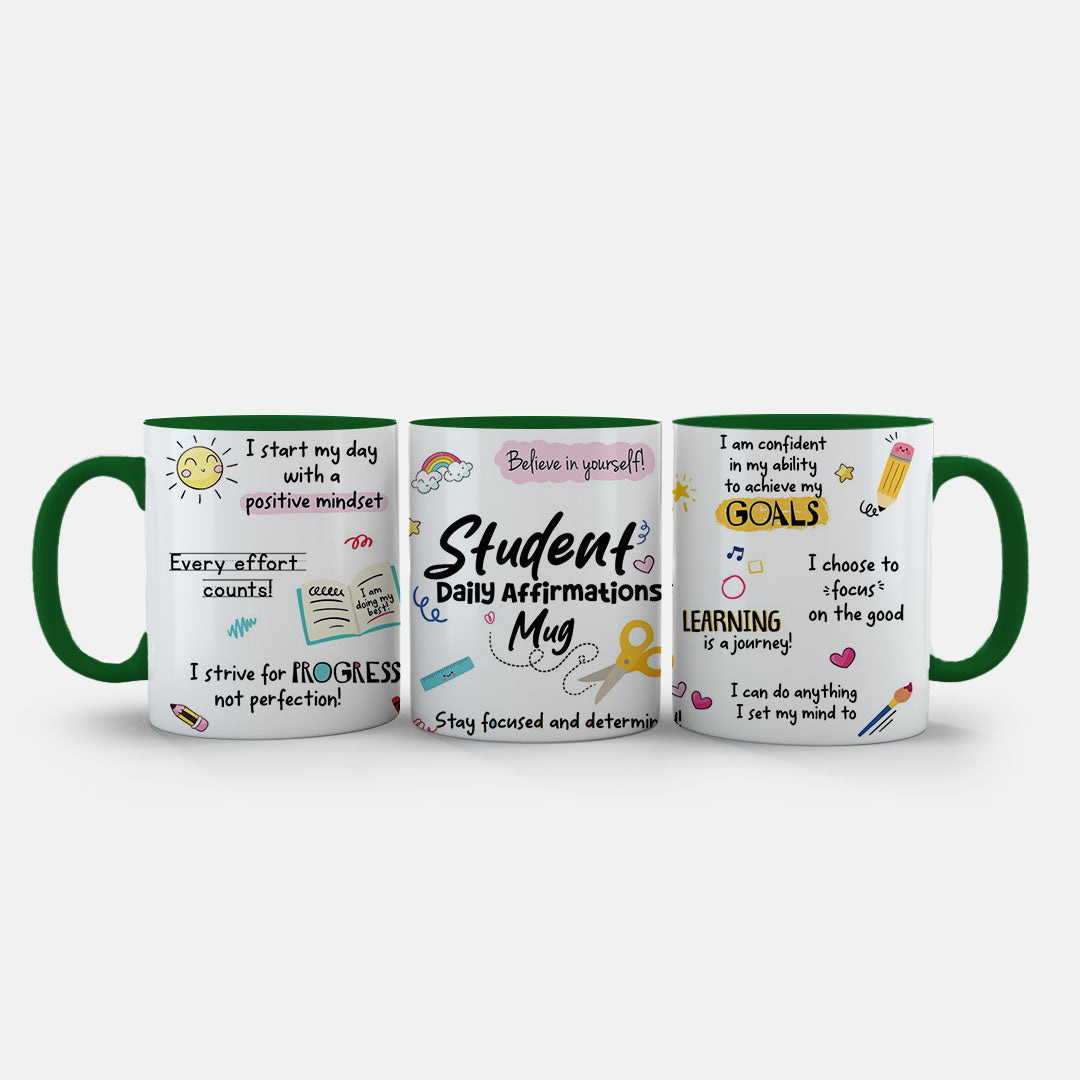 11oz Ceramic Mug - bright affirmations design with study icons, hearts and encouraging text