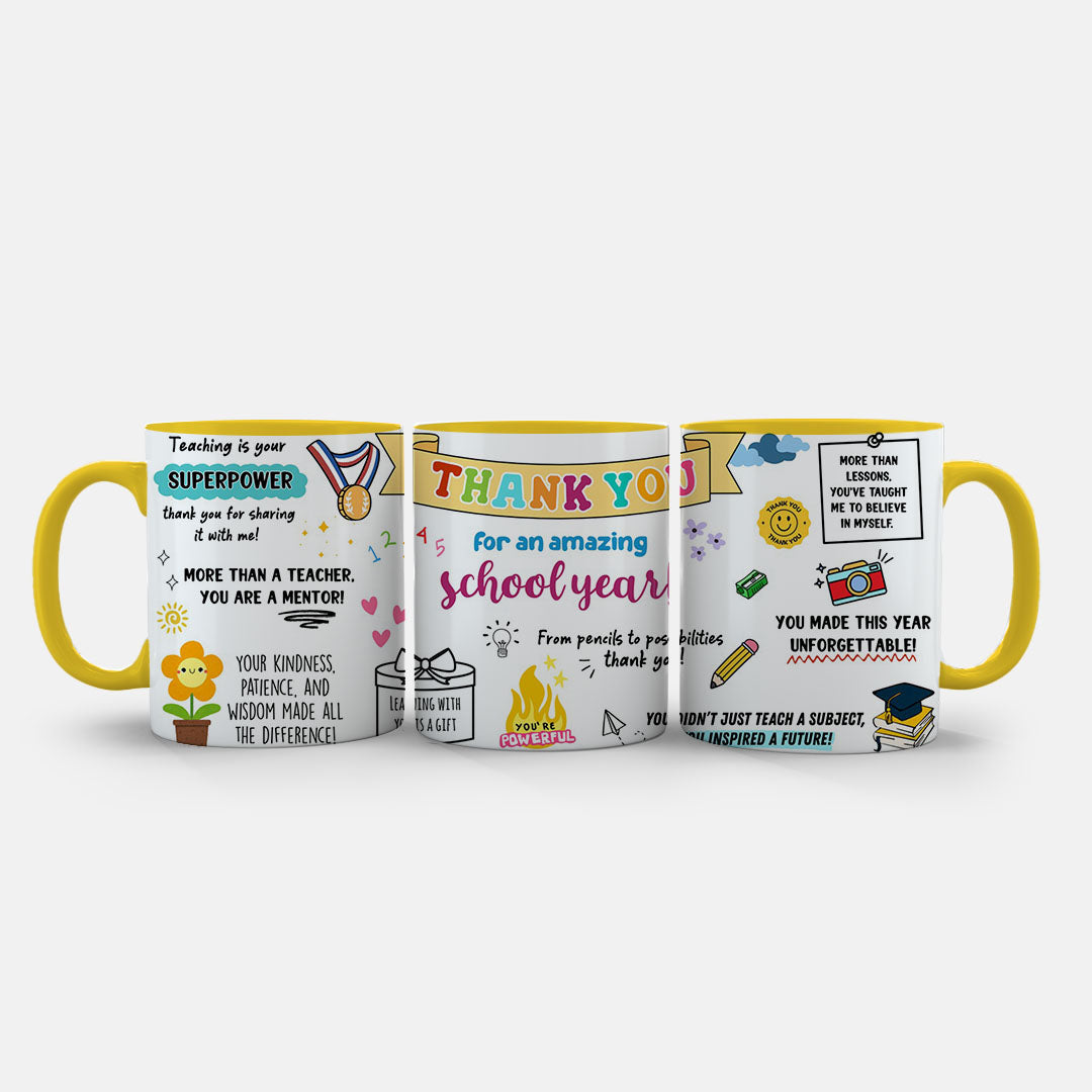 11oz Ceramic Mug Green - thank you design celebrating teachers with motivational quotes and icons