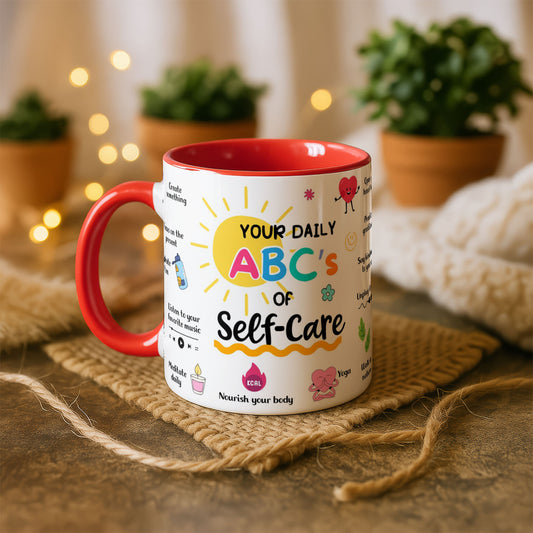 11oz Ceramic Mug White - Colourful self-care tips and wellness icons radiating from a bright yellow sun