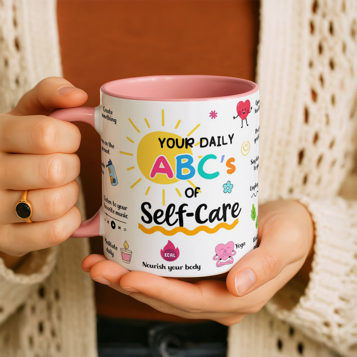 11oz Ceramic Mug Black - Rainbow text listing daily self-care practices with playful illustrated doodles