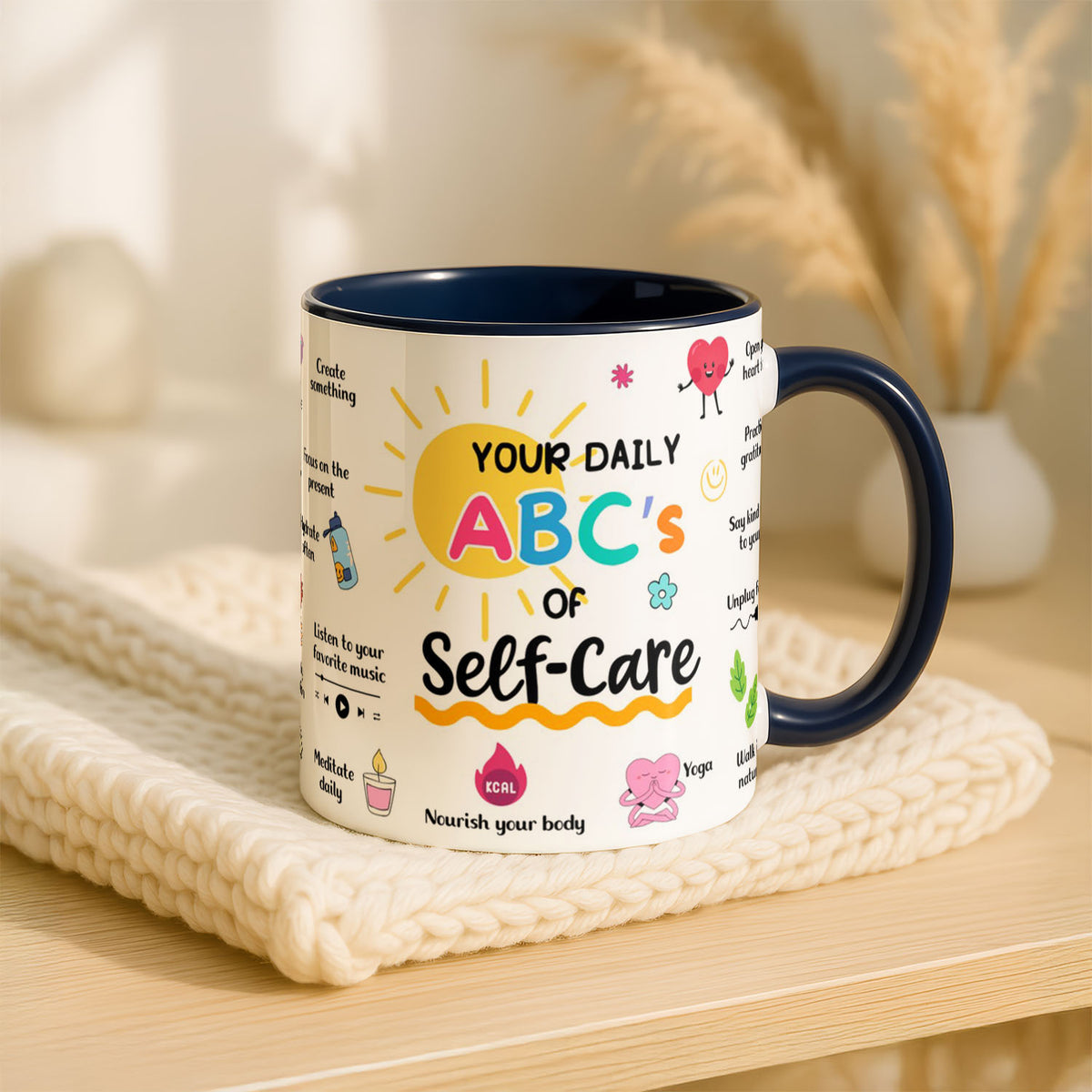 11oz Ceramic Mug Blue - Wellness motivation design featuring meditation, journalling, and gratitude reminders