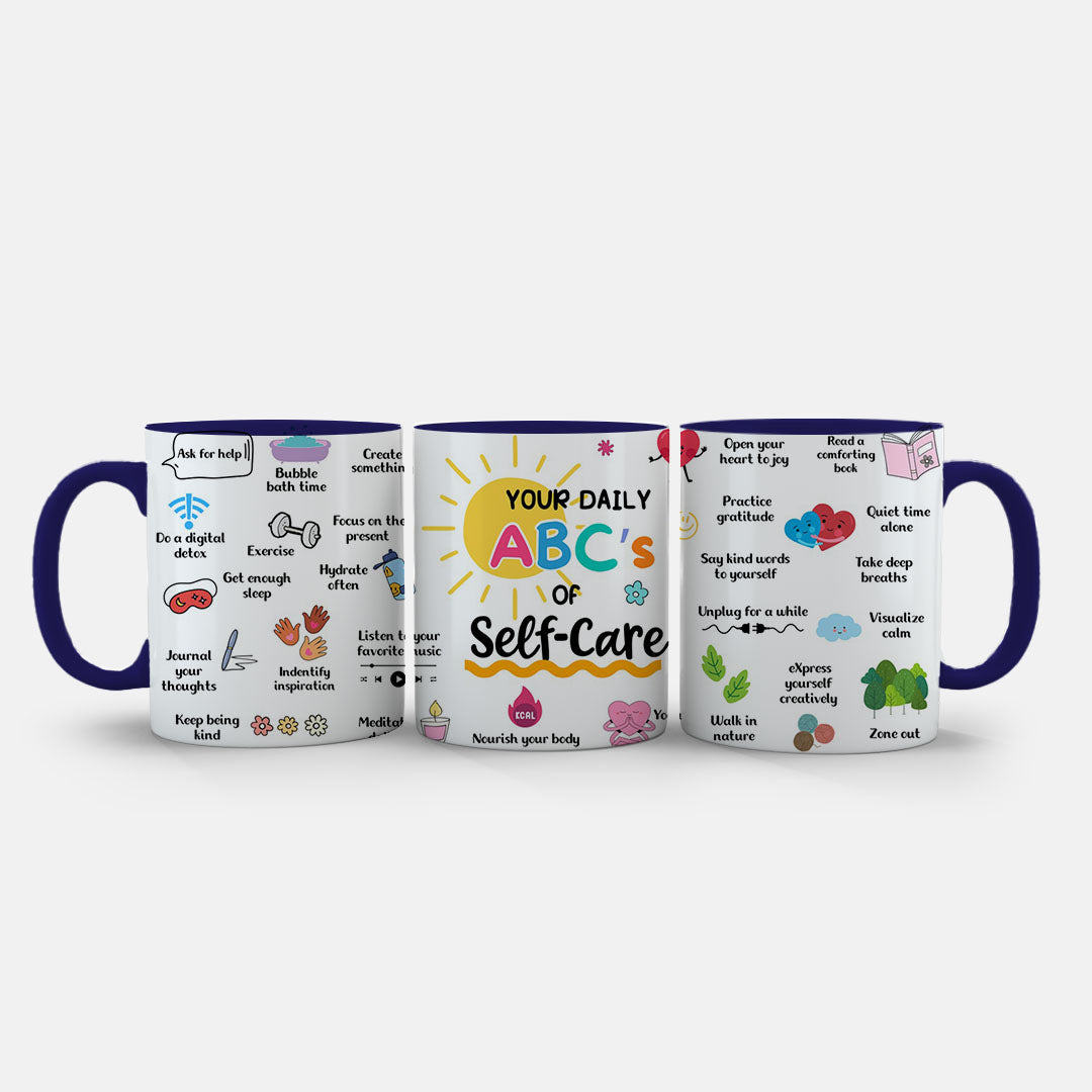 11oz Ceramic Mug Pink - Self-care ABC's wrapped around mug with heart, cloud, and plant illustrations
