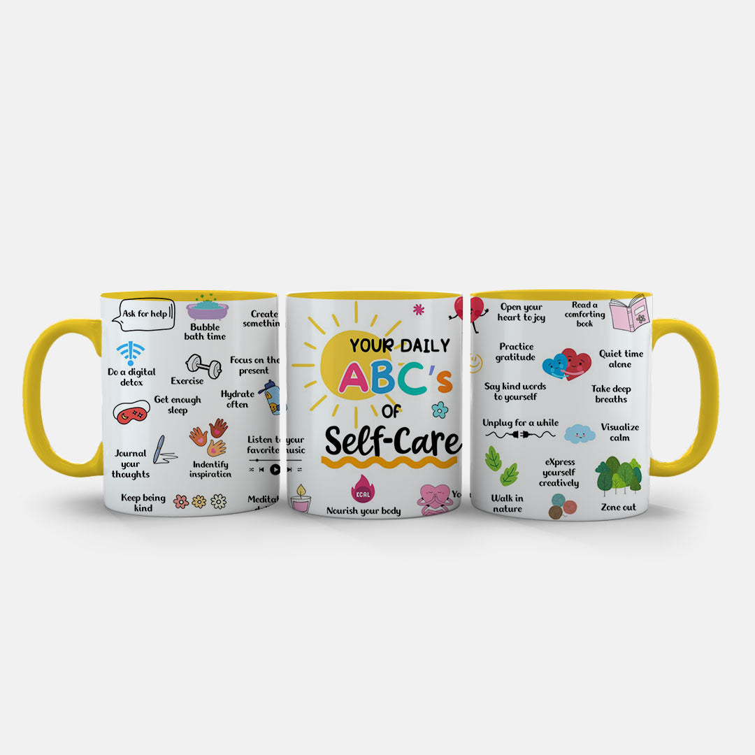 11oz Ceramic Mug Green - Mindfulness-focused artwork with bubble bath, yoga, and nature walk icons