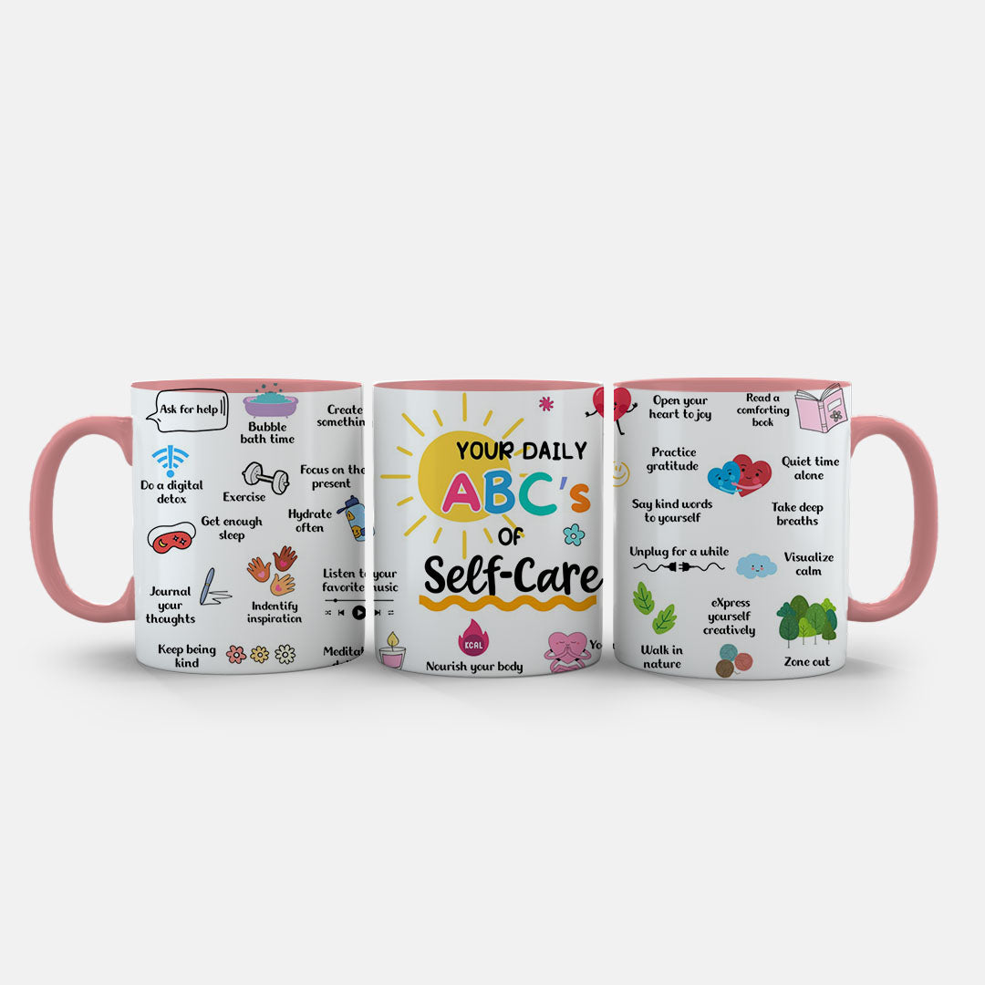 11oz Ceramic Mug Purple - Daily habits and mental wellness print with breathing, meditation, and calm graphics