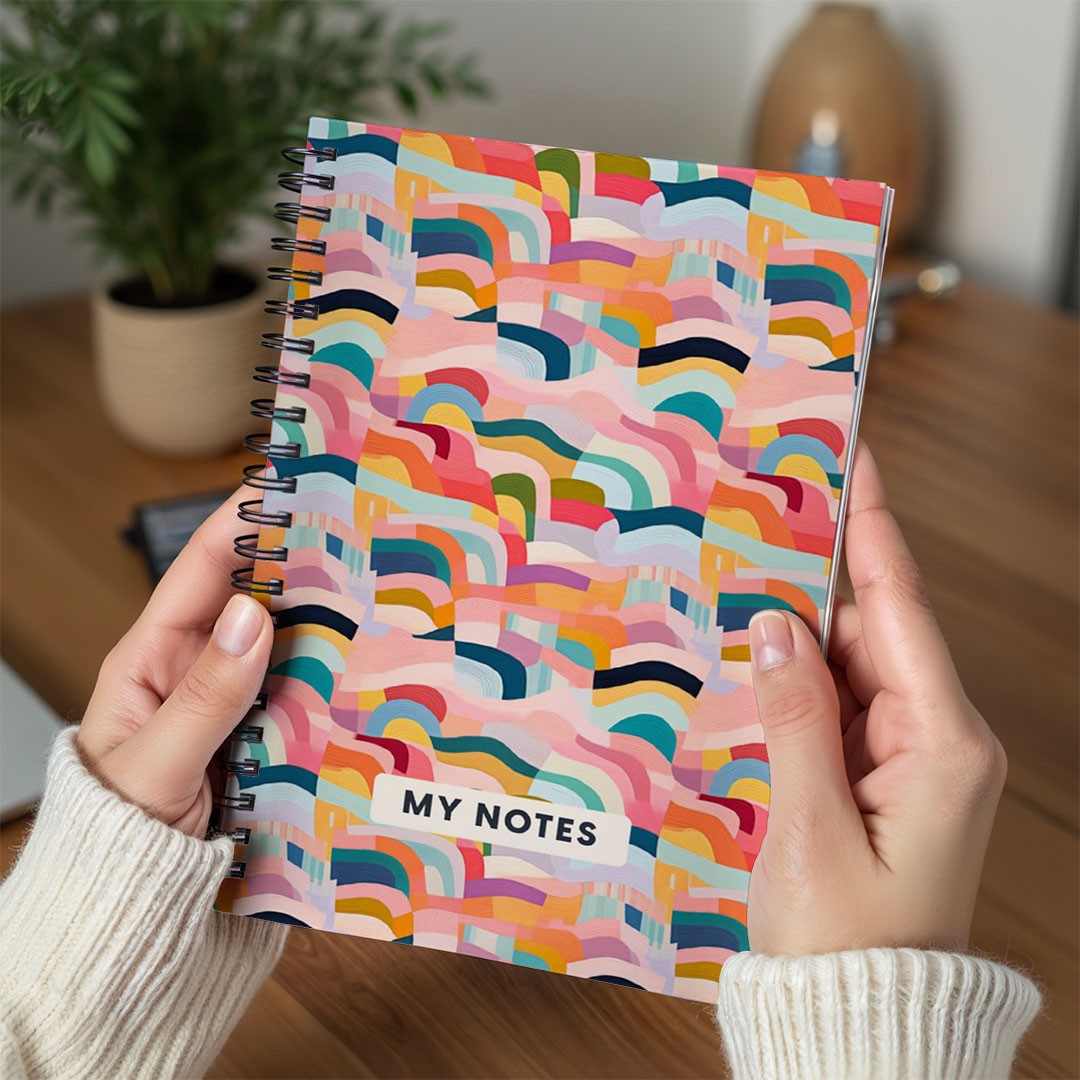 Retro Rainbow Wave Pattern A5 Spiral Notebook, Lined Journal for Creative Writing