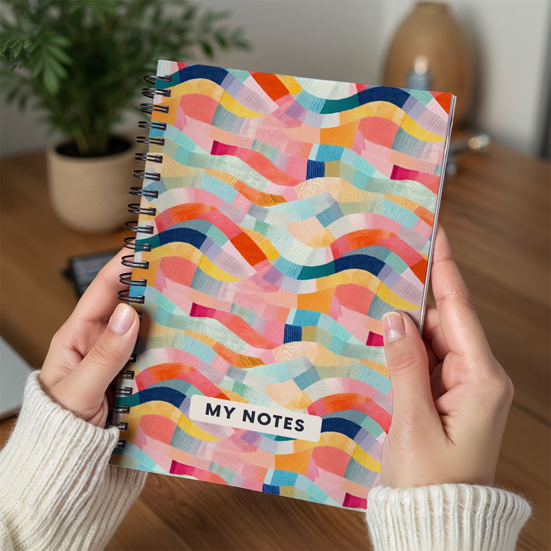 Colourful Abstract Waves A5 Spiral Notebook, Lined Journal for School